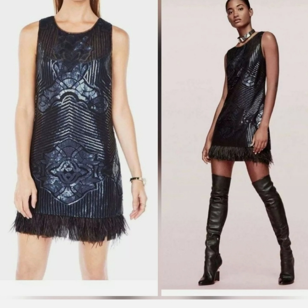 NWT BCBG MAXAZRIA Sequin Feather Flapper Style Navy & Black Dress